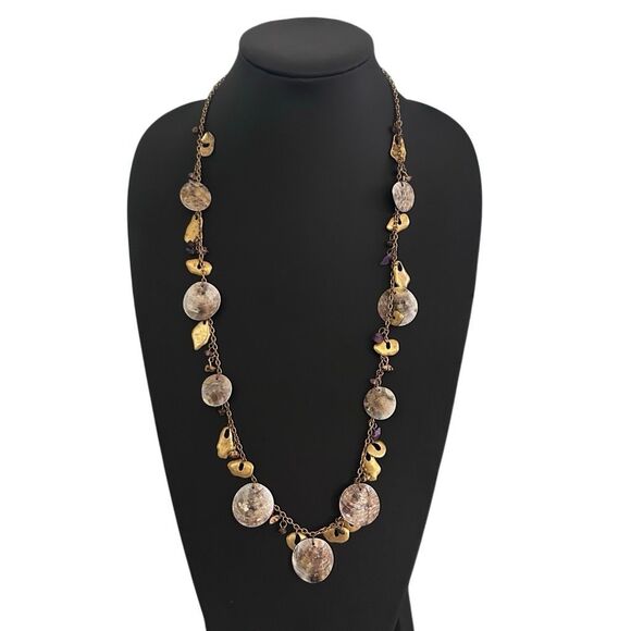 Coldwater Creek Jewelry - Coldwater Creek Statement Charm Necklace 30" Gold-tone Shells & Amethyst Charms